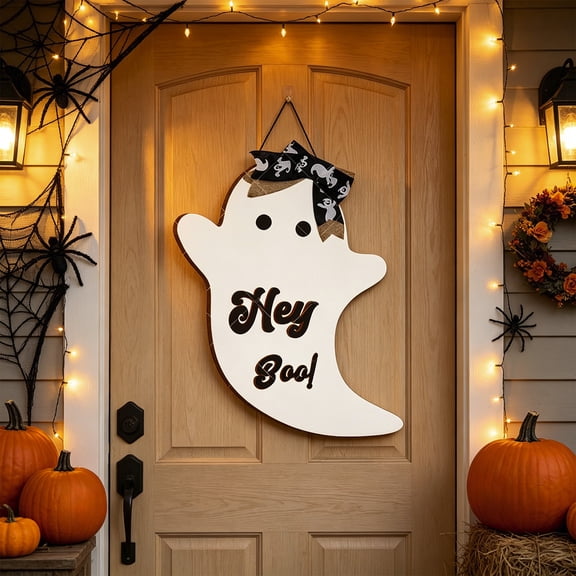 Wooden Ghost Cutout Ornament for Halloween Spooky Decor Hanging on Front Door Wall Porch Home Mantel