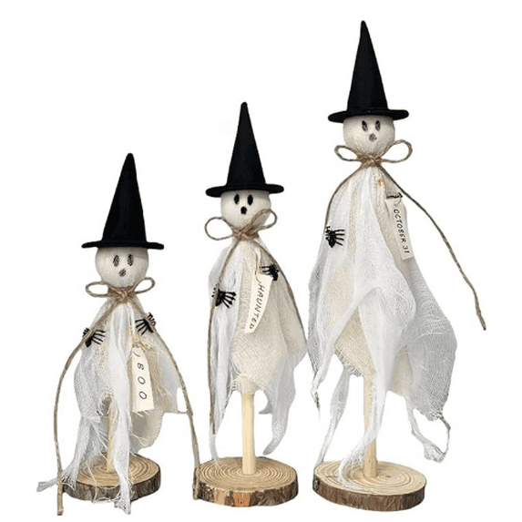 Wooden Ghost Halloween Decorations Indoor, Set of 3 Sizes Rustic Shelf Sitters with Fabric Ghost Figures, Halloween Table Home Decor for Tiered Tray, Mantel, Halloween Party Supplies