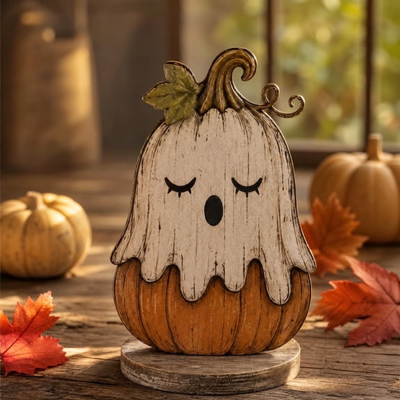 Wooden Ghost Pumpkin Ornament - Primitive wood with a unique ghost-over-pumpkin design. A whimsical and sturdy decor piece for Entryways, Kitchen Counters, and Bookshelves Decor, 4" H