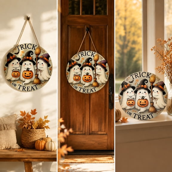 Wooden Ghost Round Sign, Halloween Door Hanging Decor, Rustic Wall Art for Holiday Party, Circular Cutout Ghost Plaque, Farmhouse Porch Welcome Sign​