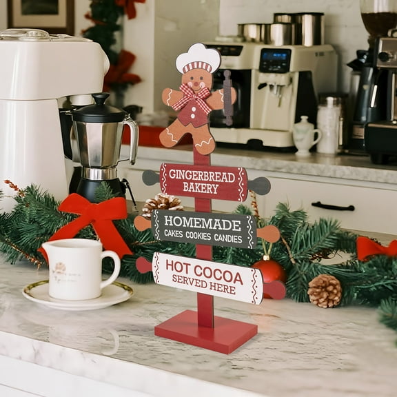 Wooden Gingerbread Bakery Sign, 15.7" Christmas Gingerbread Man Kitchen Tabletop Decorations, Indoor Holiday Wood Ginger Bread Stand Decorative Signage Table Centerpiece Decor for Home