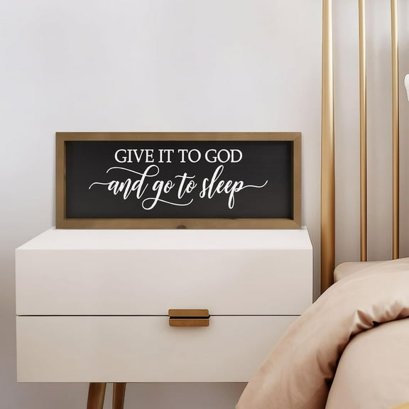 Wooden Give It To God And Go To Sleep Sign, Small 16.3x6.3 In Wood Framed Small Above Bed Wall Decor, Over The Bed Art for Bedroom, Rustic Decorations for Home
