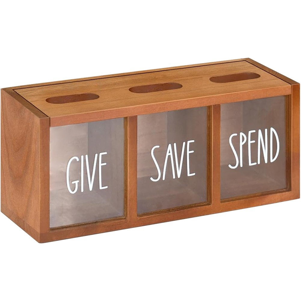 Saving Box Image Wooden Give Save Spend Money Saving Box, Countertop Piggy Bank For ...