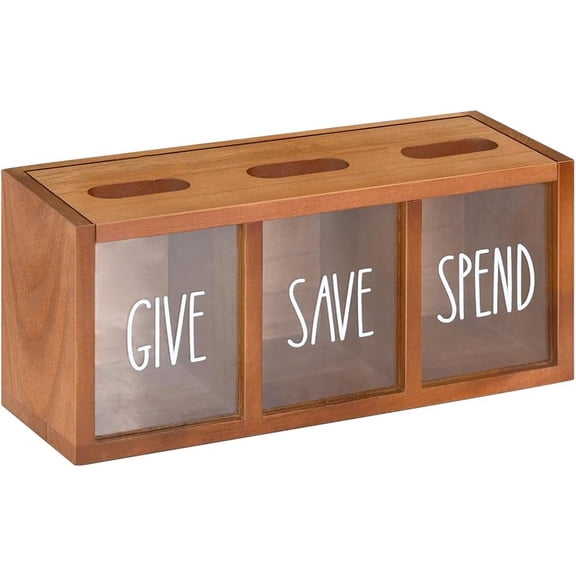 Wooden Give Save Spend Money Saving Box, Countertop Piggy Bank For Daily Cash, Wall-Mount Bank
