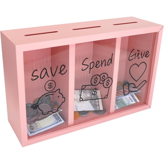 Wooden Give Save Spend Money Saving Box for Kids, Money Coin Savings Piggy Bank Jar Box for Kid Safe Money Saver, Teach Children About Giving Saving Giving Money Piggy Box for Boys Girls, Pink