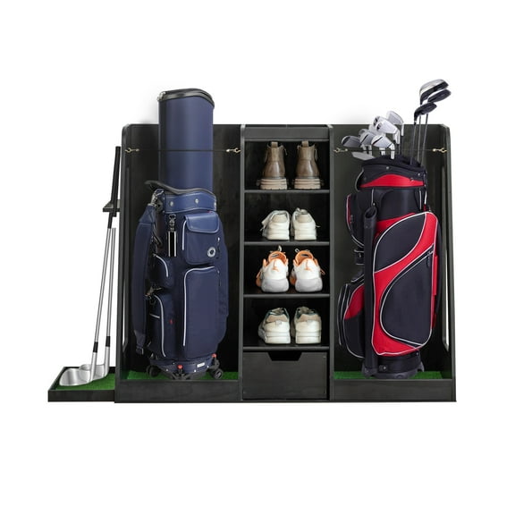 Wooden Golf Bag Organizer and Storage Rack, Golf Bag Stand Holds 2 Golf Bags and Multiple Golfing Equipment Accessories, Golf Bag Storage with Drawers for Garage, Indoor Spaces and More