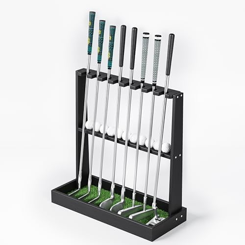 Wooden Golf Club Rack, Golf Club Holder Stand Floor Display, Premium Golf Putter Stand Organizer for Indoor and Outdoor Use, Home, Garage, Golf Simulator Accessories for 8 Clubs and 11 Balls