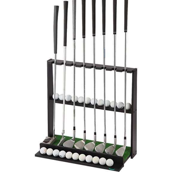Wooden Golf Putter Stand with Ball Storage - Holds 8 Clubs & 22 Golf Balls, Space-Saving Golf Club Holder for Indoor//Office/Simulator/Driving Range - Golf Accessories &  Aid