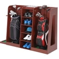 thumbnail image 1 of Wooden Golf Storage Organizer, 2 Bag Capacity Golf Club Storage Rack, Golf Equipment Holder for Garage, Home Simulator and Office, Brown, 1 of 7