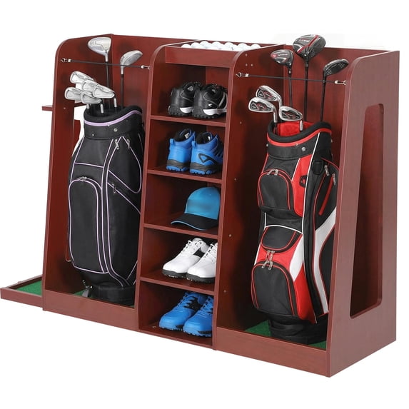 Wooden Golf Storage Organizer, 2 Bag Capacity Golf Club Storage Rack, Golf Equipment Holder for Garage, Home Simulator and Office, Brown