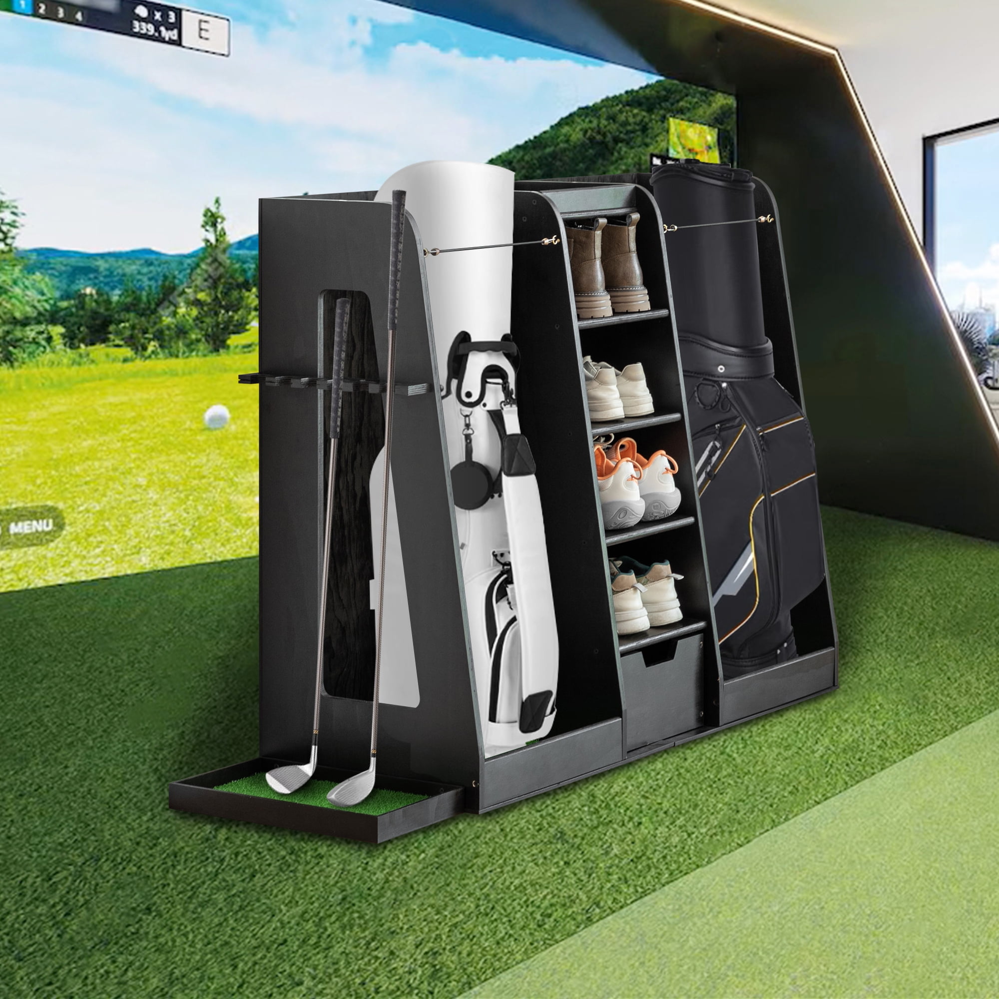 Wooden Golf Storage Rack Golf Bag Organizer with Drawers can hold 2 golf bags, 12 clubs, 4-5 pairs of golf shoes, over 50 golf balls, Versatile for Golf and Sports Equipment