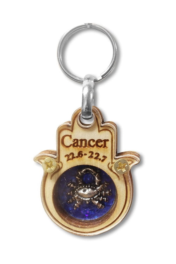 Wooden Good Luck Hamsa Hand Key Chain Keychain Zodiac Sign - Cancer - Made in Israel