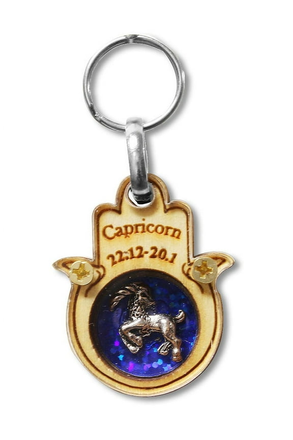 Wooden Good Luck Hamsa Hand Key Chain Keychain Zodiac Sign - Capricorn - Made in Israel