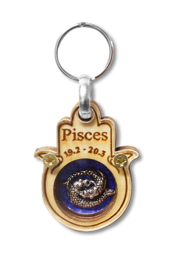 Wooden Good Luck Hamsa Hand Key Chain Keychain Zodiac Sign - Pisces - Made in Israel