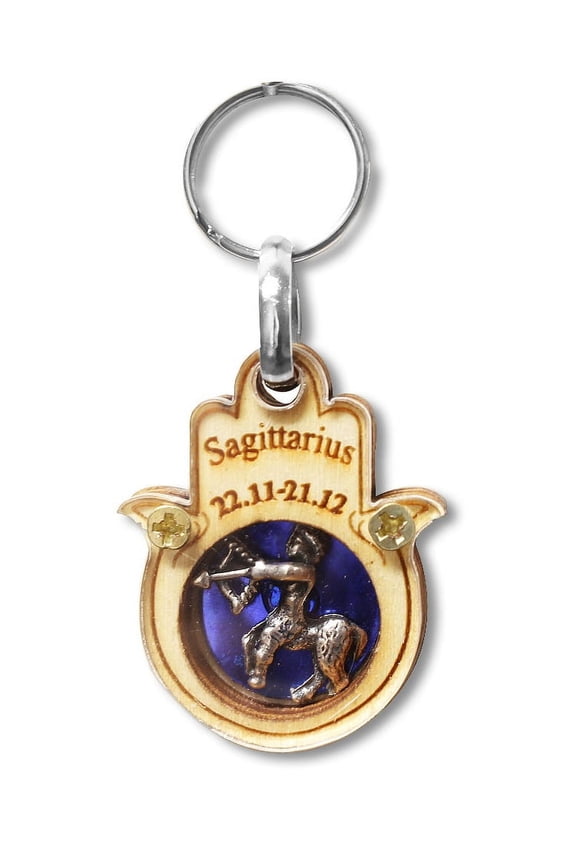 Wooden Good Luck Hamsa Hand Key Chain Keychain Zodiac Sign - Sagittarius - Made in Israel