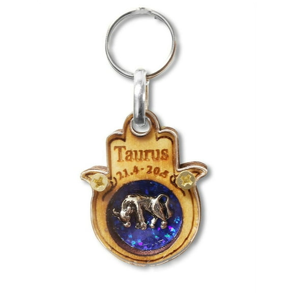 Wooden Good Luck Hamsa Hand Key Chain Keychain Zodiac Sign - Taurus - Made in Israel