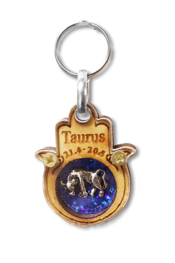 Wooden Good Luck Hamsa Hand Key Chain Keychain Zodiac Sign - Taurus - Made in Israel