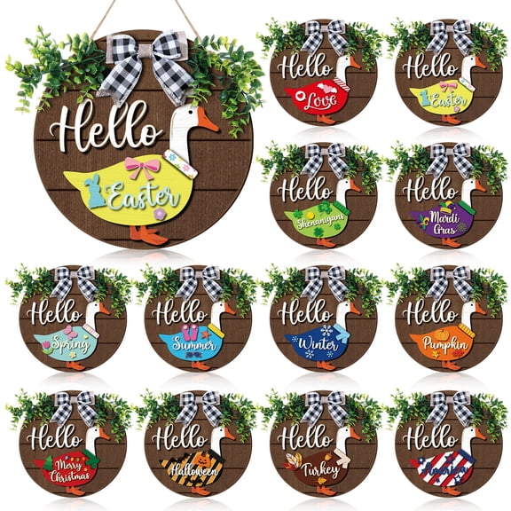 Wooden Goose Decor Set with 12 Interchangeable Outfits 11.8 Inch Round Hello Goose Sign with Seasonal Designs Rustic Farmhouse Hanging Decoration for Front Door, Porch, Wall