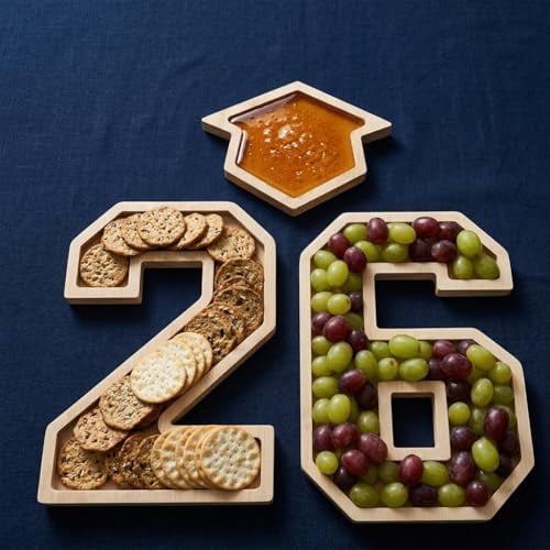 Wooden Graduation Decorations 26 Number Charcuterie Board Box,Class of 2026 Reusable Food Serving Trays & Graduation Cap Platter,Grad Party Table Decor for Cupcakes,Cookies,Fruits,Snacks (Wooden)