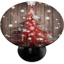 Wooden Grain Christmass Tree Round Outdoor Tablecloth Elastic for 36"-42" Waterproof Tables Fitted Table Cover for Party Holiday Dining Room Buffet Banquet Dinner Kitchen Indoor Picnic