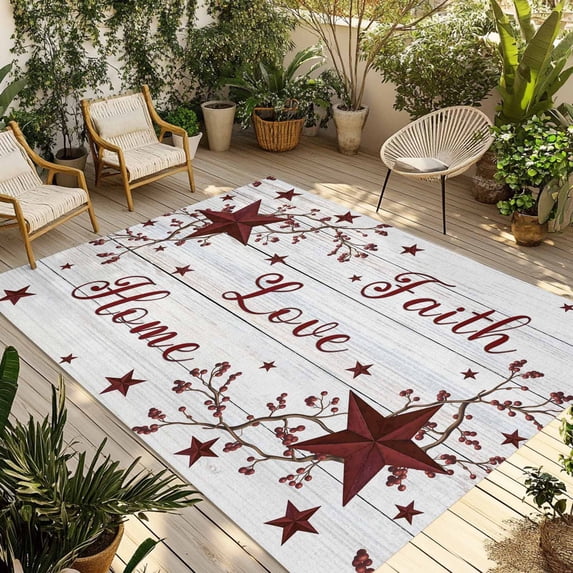 Wooden Grain Outdoor Rug for Patio/Deck/Porch, Non-Slip Large Area Rug 5 x 8 Ft, Red Country Texas Star Branches Berry Indoor Outdoor Rugs Washable Area Rugs, Reversible Camping Rug Carpet Runner