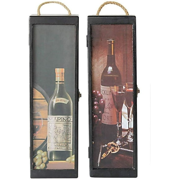 Wooden Grassroots Vintage Design Wine Bottle Set Wine Glass Gift Box Travel Storage Box Carrying Display Case, Set of 2 (4"L)