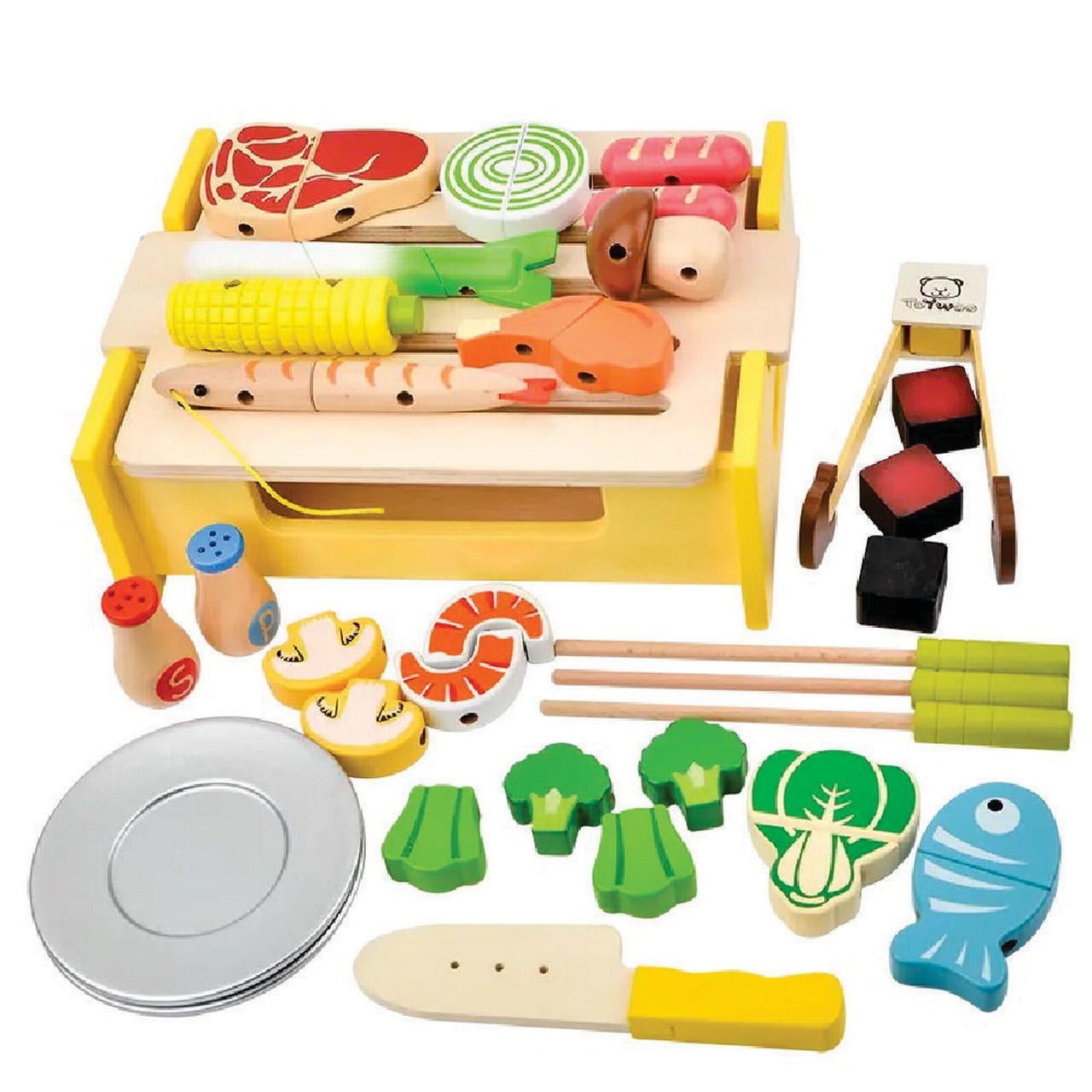 Wooden Grill BBQ Food Set Pretend Play Toy Wood Yellow Cooking for Toddler Boys Girls VALESSATI