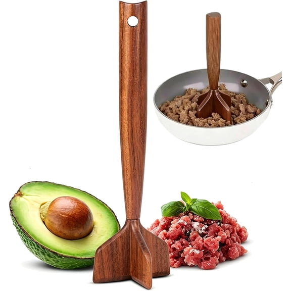Wooden Ground Beef Masher, 2026 Heavy Duty Meat Chopper for Ground Beef, Chicken and Beef Shredder Kitchen Utensil, Non-scratch Meat Grinder for Nonstick Cookware, For Tacos Chili Sausage (1PC)