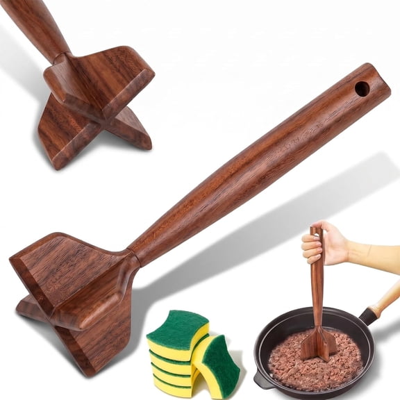 Wooden Ground Beef Masher, 2026 New Heavy Duty Wooden Meat Chopper for Ground Beef, Turkey, Heat Resistant & Scratch-Resistant for Non-Stick Cookware, Natural Wood Potato Masher Tool for Kitchen (1)