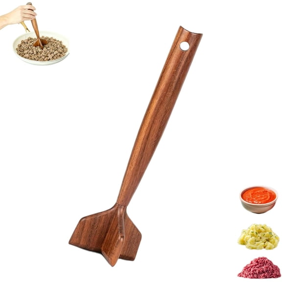 Wooden Ground Beef Masher, 2026 New Manual Meat Masher Tool, Portable Ground Beef Chopper Tool, Non-stick Cookware Safe, Nonstick and Heat Resistant for Meat, Potato (1pcs)