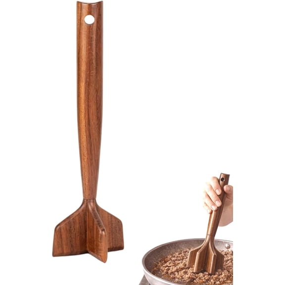 Wooden Ground Beef Masher, Duty Meat Chopper for Ground Beef Non-Scratch Hamburger Masher and Potato Masher for Nonstick Cookware Solid Wood Kitchen Tool for Tacos Chili & Sausage