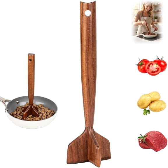 Wooden Ground Beef Masher, Duty Meat Chopper for Ground Beef Non-Scratch Hamburger Masher and Potato Masher for Nonstick Cookware Solid Wood Kitchen Tool for Tacos Chili Sausage(#1)