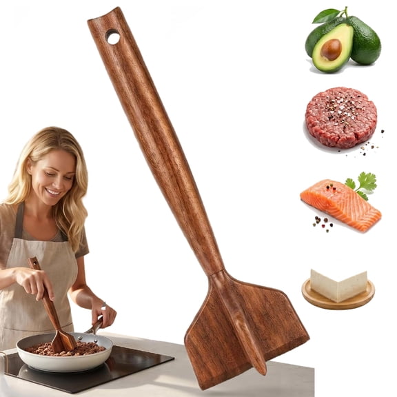 Wooden Ground Beef Masher  Heavy Duty Meat Chopper for Ground Beef, Non-Scratch Hamburger Masher for Nonstick Cookware, Kitchen Meat Tool for Beef, Turkey, Sausage