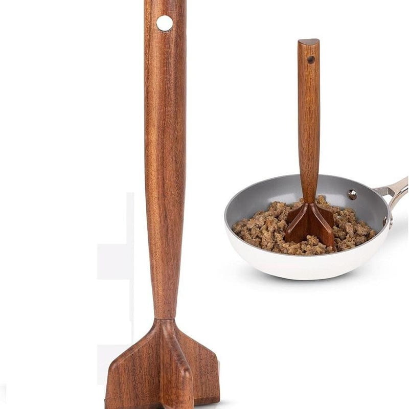 Wooden Ground Beef Masher, Heavy Duty Meat Chopper, Natural Wood Hamburger Masher, Non-Scratch Kitchen Tool for Nonstick Cookware, Ground Beef Mixer & Grinder