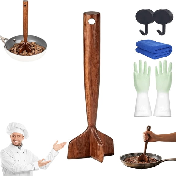 Wooden Ground Beef Masher,Nature Wooden Meat Chopper With Ergonomic Cool-Touch Handle Design,Heavy Duty Meat Chopper,Non-Scratch Kitchen Tool For Beef, Turkey, Sausage (1pcs)