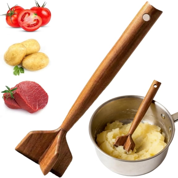 Wooden Ground Beef Masher, Wooden Meat Masher, Heavy Duty Wooden Meat Chopper, Non-Scratch Hamburger Masher for Nonstick Cookware, Kitchen Meat Tool for Beef, Turkey, Sausage