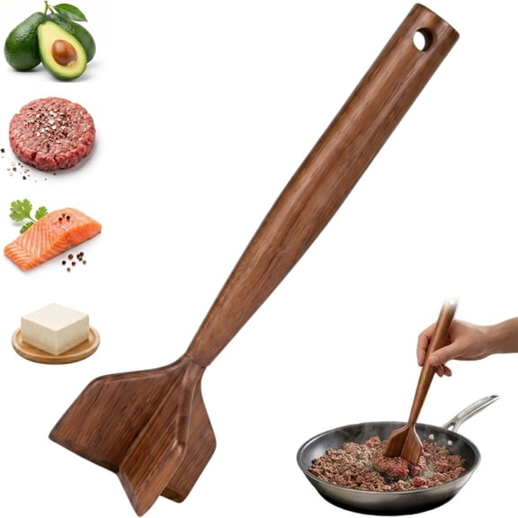 Wooden Ground Beef Masher, Wooden Meat Masher, Heavy Duty Wooden Meat Chopper, Non-Scratch Hamburger Masher for Nonstick Cookware, Kitchen Meat Tool for Beef, Turkey, Sausage