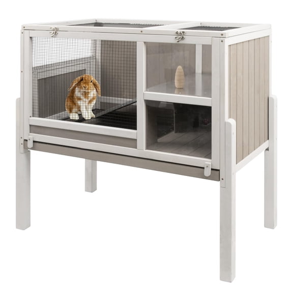 Wooden Guinea Pig Cage with Wire Netting 36.6 Inch Height Outdoor Rabbit Hutch, Detachable Legs Hamster House for Small Animals, Pull Out Tray Included, Grey