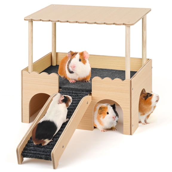 Wooden Guinea Pigout Castle With Stairs Smalll Bed Hut Habitats Spacio2-level Detachable Pet House For Rabbits Hamsters & Chinchillas Bunny (grey)
