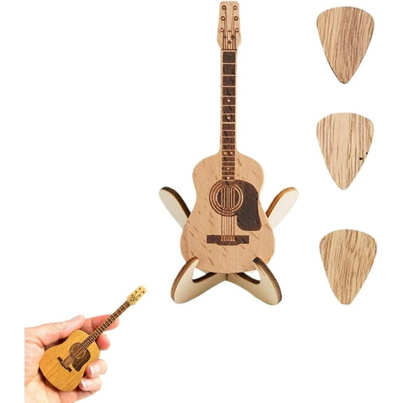 Wooden Guitar Pick Box with Display Stand - Handcrafted 3-Slot Plectrum Storage Case & Holder - Musician Gift for Guitarists