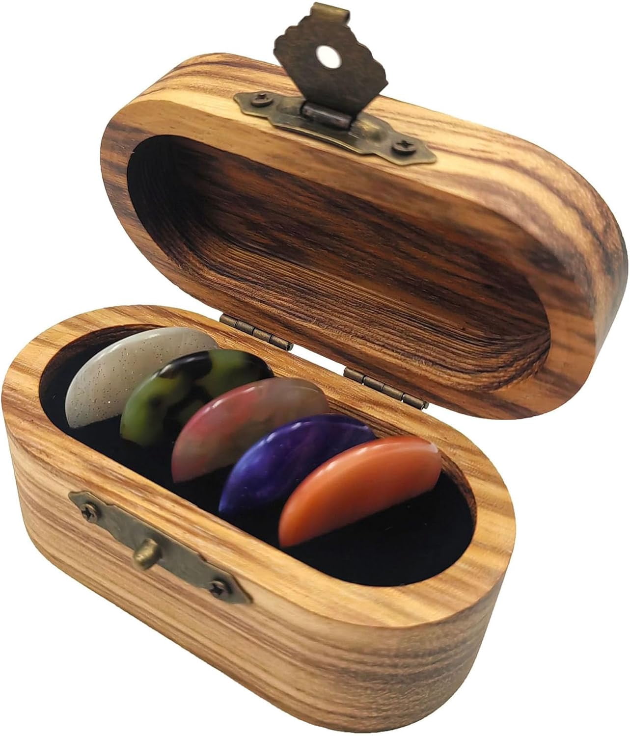 Wooden Guitar Pick Case Set with 5 Picks, Resin & Wood Portable Pick Holder Box for Acoustic Electric Bass, Musical Gifts for Guitarists
