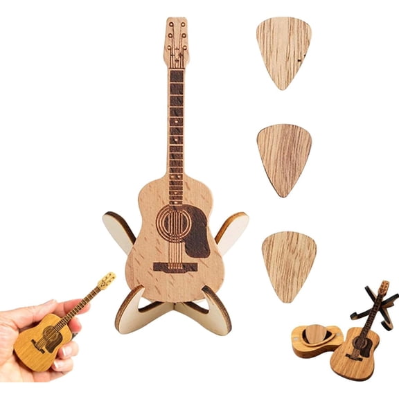 Wooden Guitar Pick Case with Stand - Mini Guitar Shaped Storage Box, Includes 3 Wood Picks for Guitar, Bass and Ukulele(1Pcs, B)