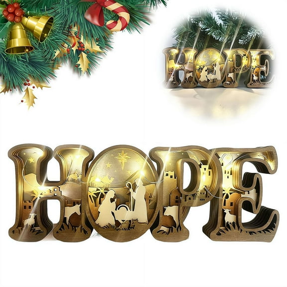 Wooden HOPE Nativity Scene with Lights, Tabletop Christmas Decoration, Religious Gift for Home Office Mantel