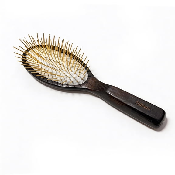 TRENFI Carbonized Willow Wood Oval Cushion Hair Brush, Anti-Static Detangling, Gold Pins, Travel Size