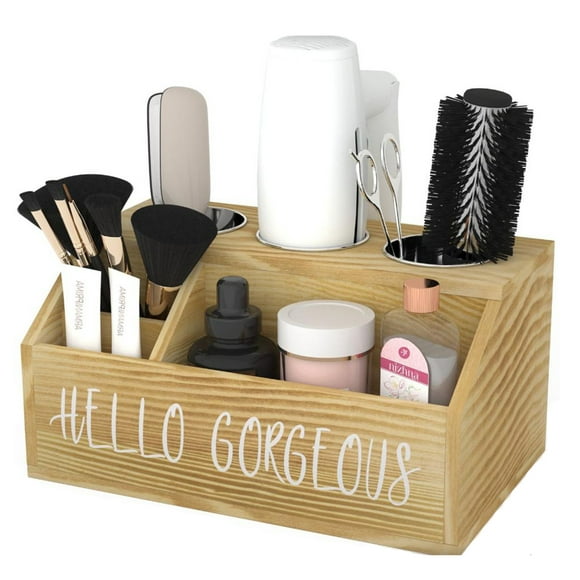 Wooden Hair Tool Organizer - Blow Dryer Holder, Hair Styling Tools & Accessories Organizer, Bathroom Vanity Countertop Storage for Hair Dryer, Flat Irons, Curling Irons - Hold Hot Tools