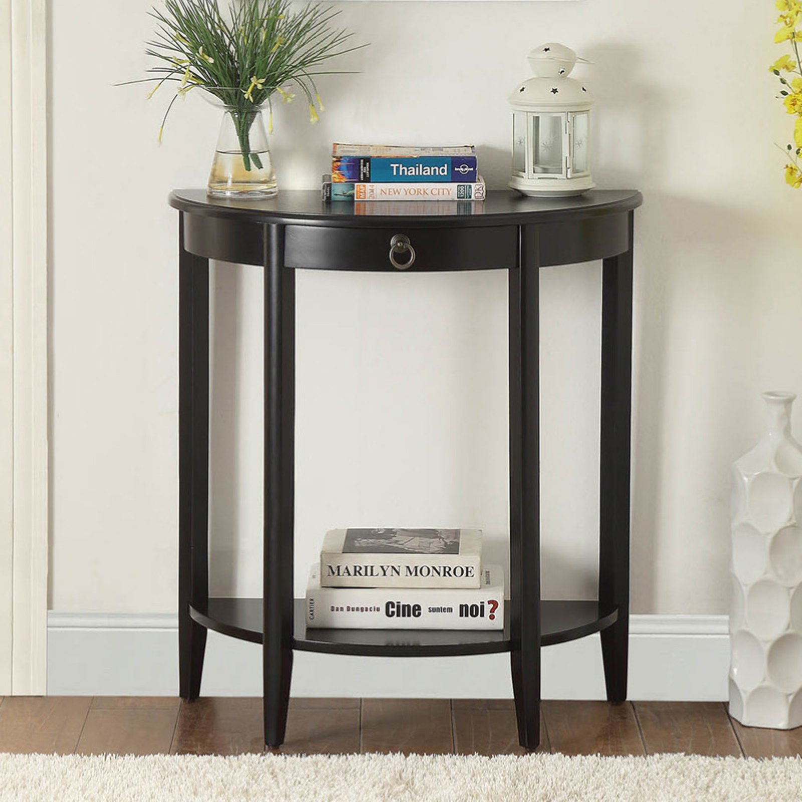 Wooden Half Moon Shaped Console Table with One Storage Drawer, Black