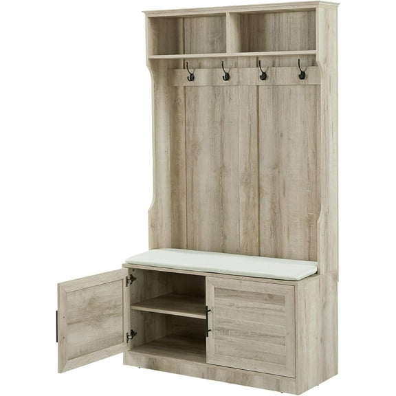 Wooden Hall Tree with Storage Cabinet - Entryway Coat Rack with Shoe Bench - Cushioned Shoe Storage Bench - Freestanding Garment Rack with 4 Hanging Hooks, Shelves, and 2 Door Cabinet - Beige