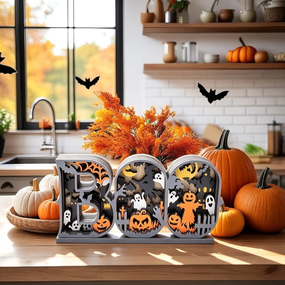 Wooden Halloween BOO letter logo multi-layer statue decoration ornament for Mantel Shelf Desk Office Party Decorations Indoor