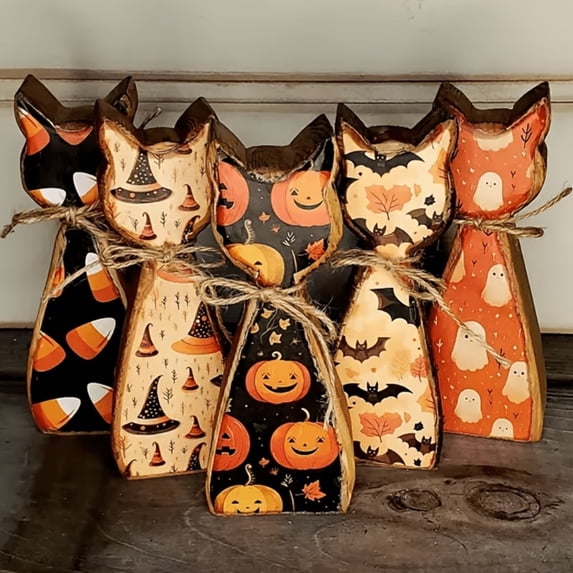 Wooden Halloween Cat Decor 6 Inch Vintage Halloween Decorations Spooky Indoor Halloween Table Decor Fall Home Decor for Shelf Mantel Tiered Tray, 1 Pack