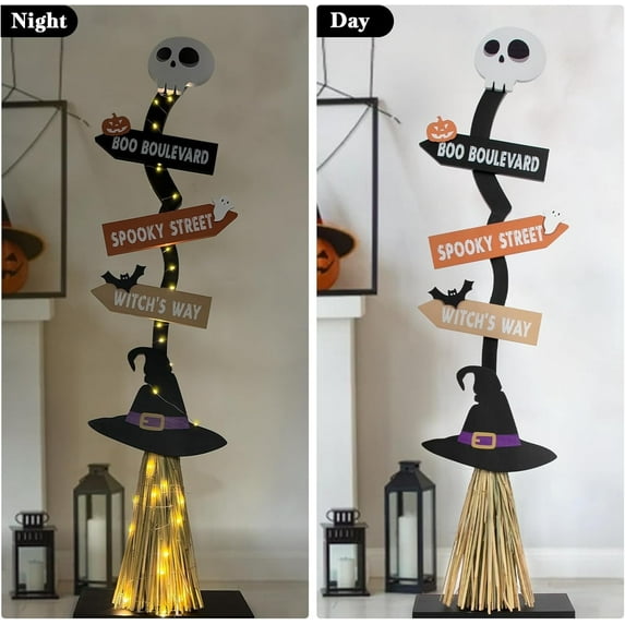 Wooden Halloween Decor Set - Glowing Witch Broom & Pumpkin Ghost Porch Sign With 50 Led Lights, Spooky Festive Outdoor & Indoor Decoration For Halloween Party Home Decor